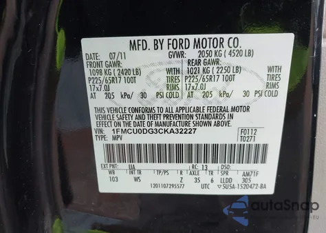 2012 Ford Escape Xlt from USA, damaged, VIN 1FMCU0DG3CKA32227